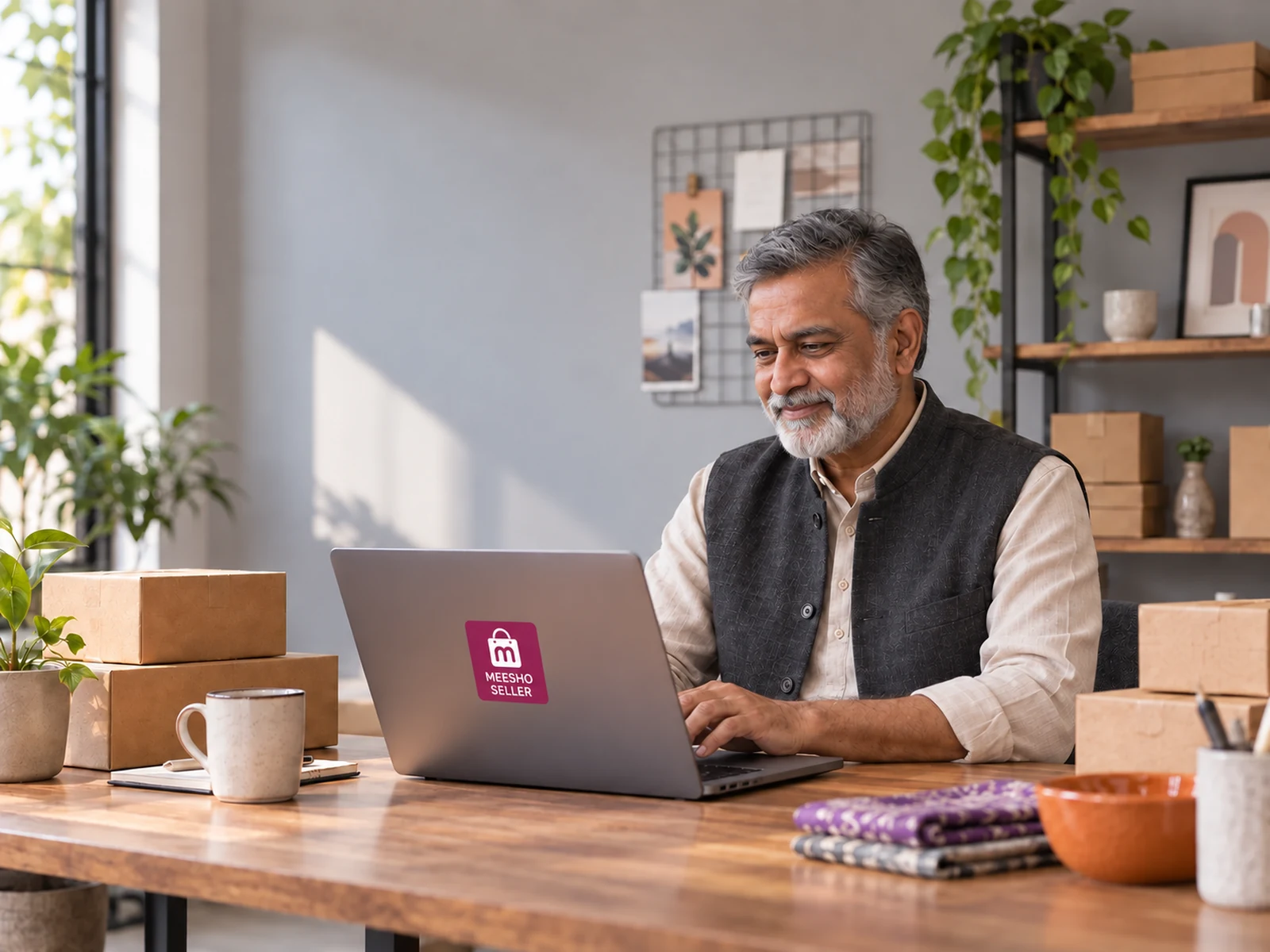 Older Indian marketplace seller working at a laptop beside packed products